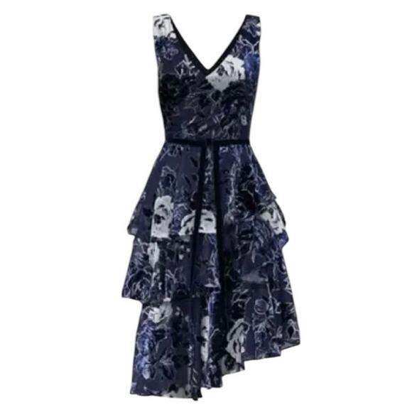 Marchesa Notte Ruffle Tiered Velvet Cocktail Dress Navy silver accents Size 8 - Picture 3 of 11
